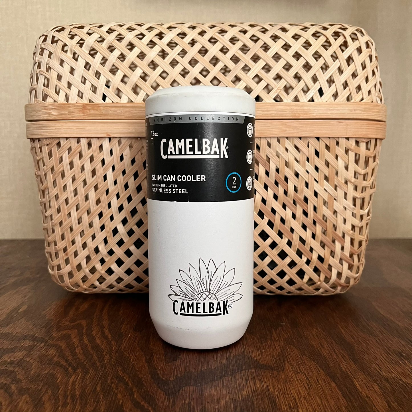 White 12oz. CamelBak Slim Can Cooler with Sunflower