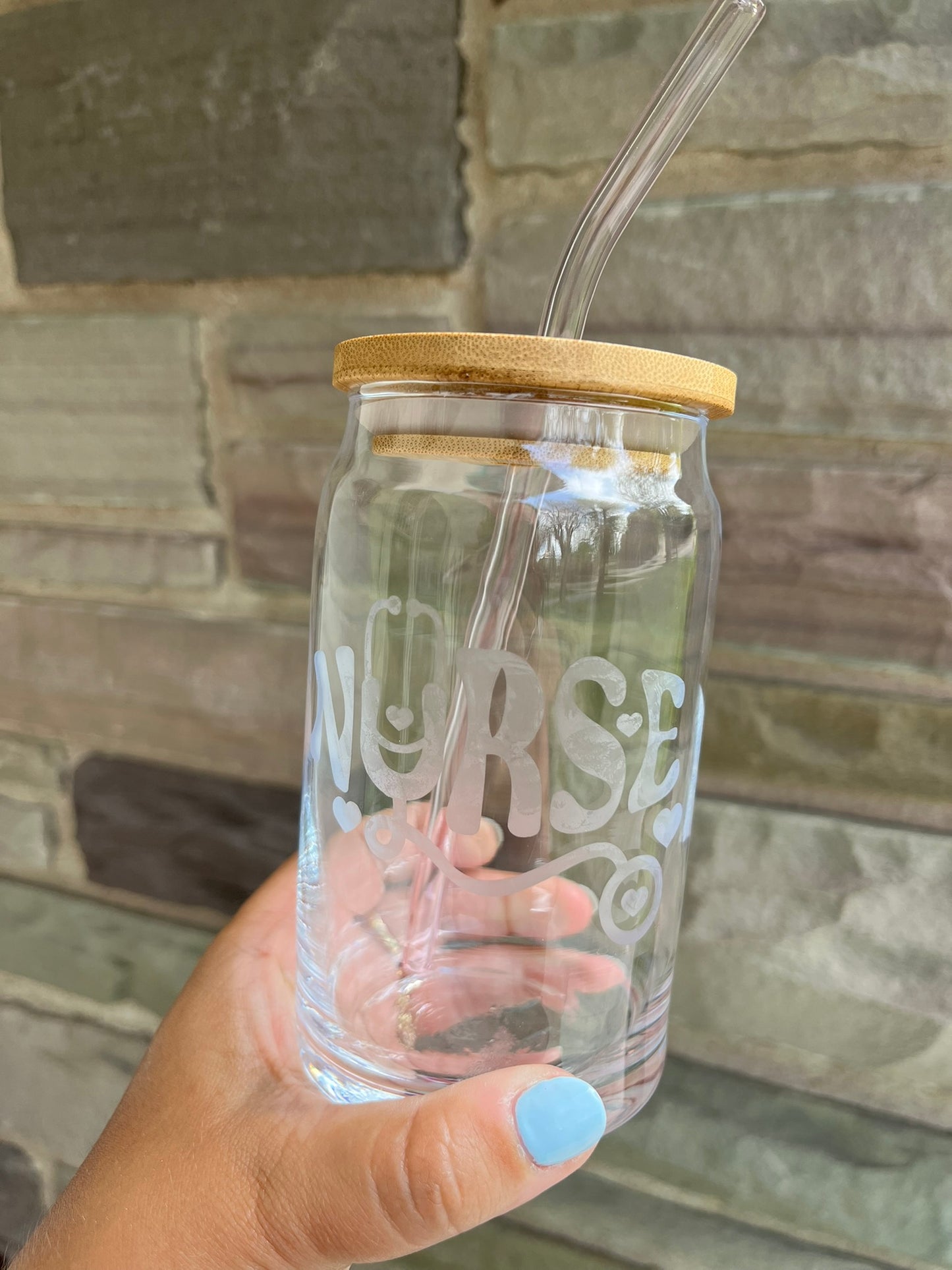 Bamboo Lid and Glass Straw for Etched Glass Can Cups