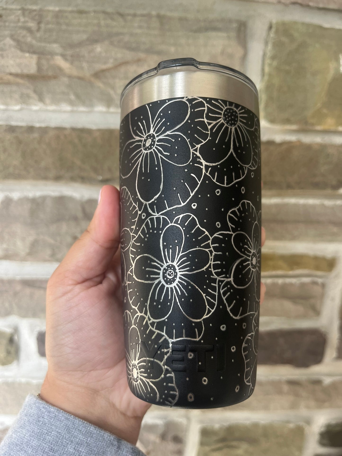 Hand Engraved Full Flower Black Yeti Tumbler