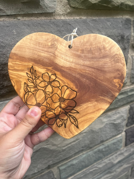 Heart Engraved Charcuterie Board with Flowers