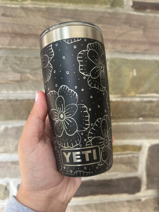 Hand Engraved Full Flower Black Yeti Tumbler