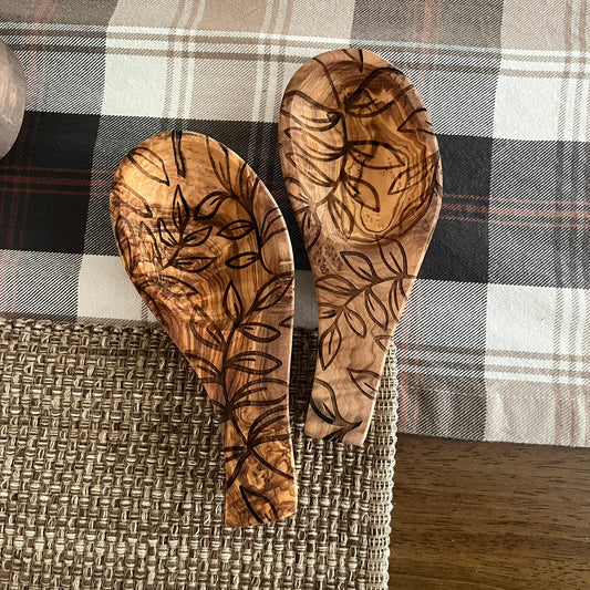 Olive Wood Spoon Rest with Leaves