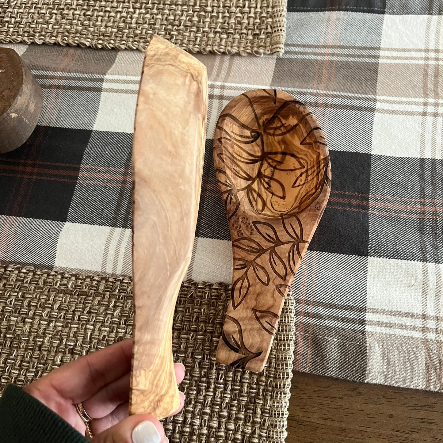 Olive Wood Spoon Rest with Leaves
